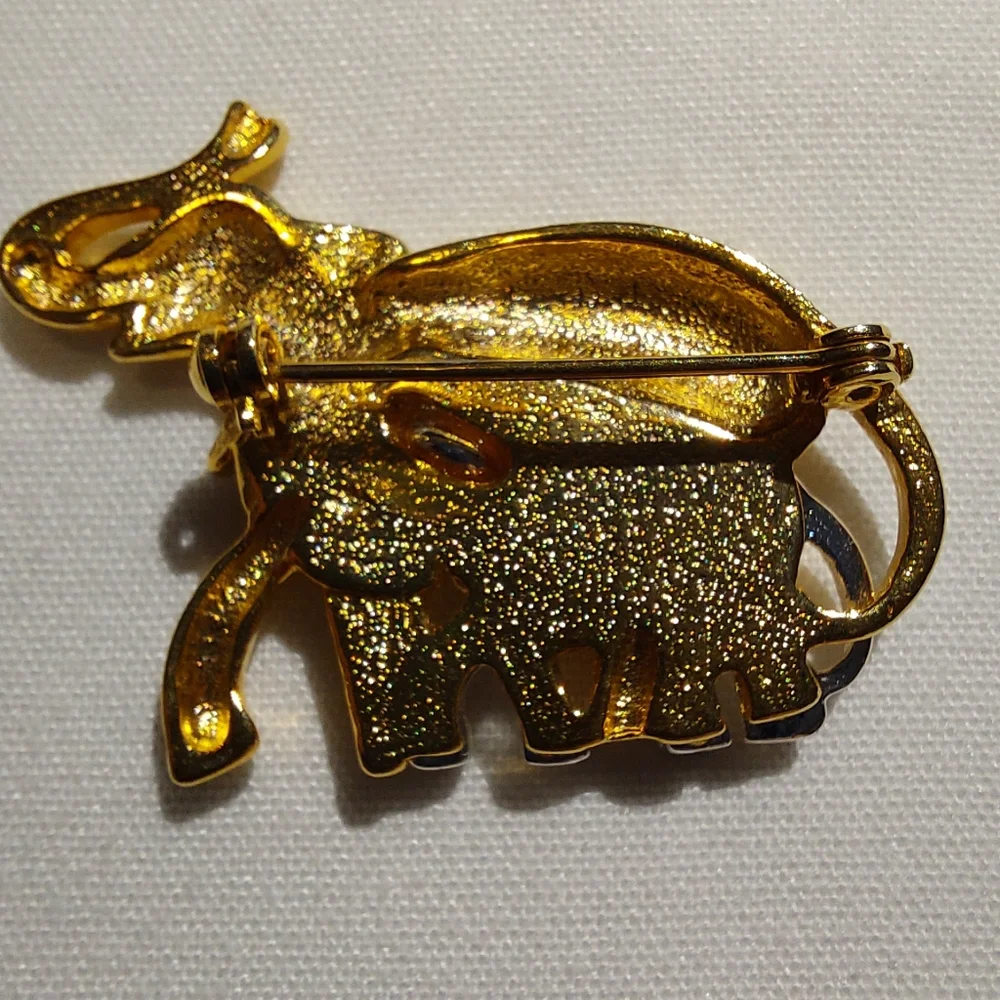 Vintage Elephant Brooch Pin Silver Gold Tone Metal Lucky Mother & Baby Pin EUC